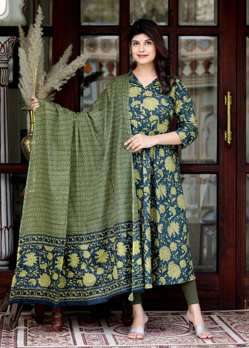 Miravan Women's Green Floral Anarkali Kurta with Dupatta - Image 1